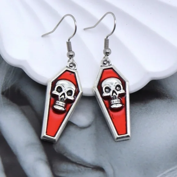 NEW Hot Topic Red & Silver Coffin Gothic Style Dangle Drop Earrings w/ Skulls - Picture 2 of 4